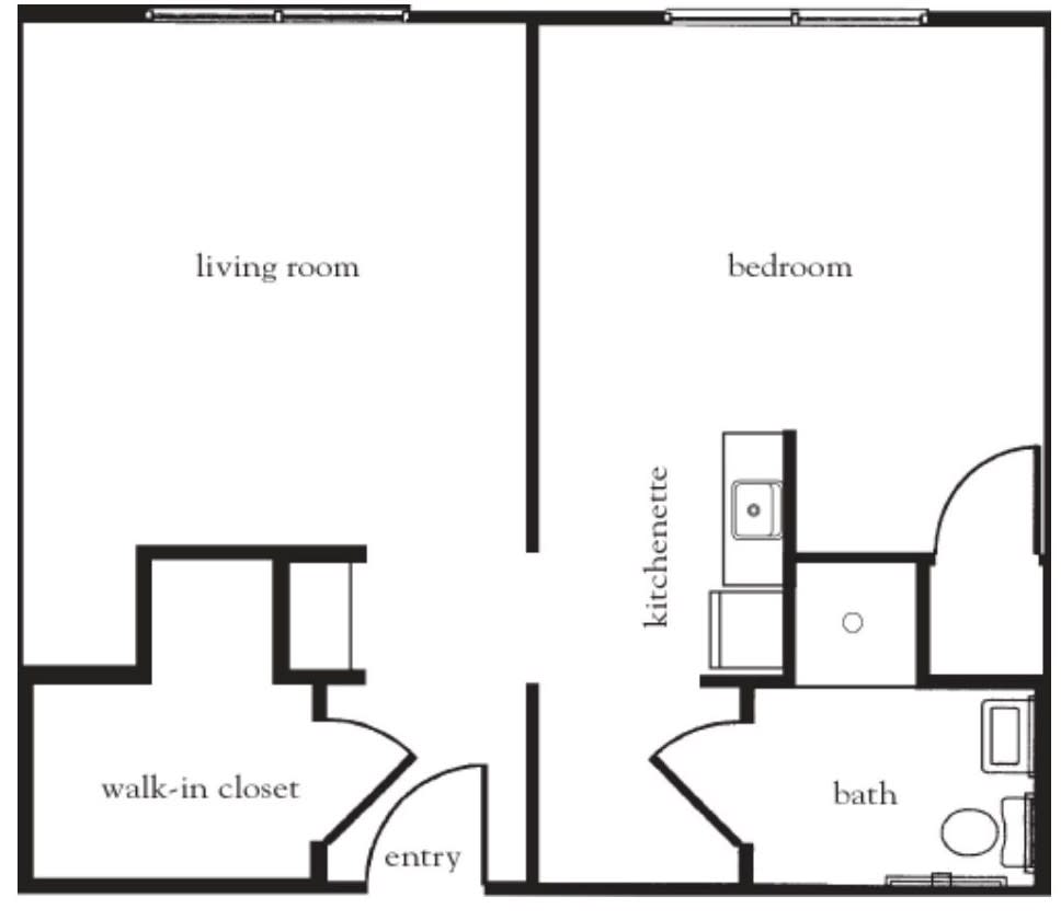 A simple one-bedroom apartment floor plan featuring a living room, walk-in closet, kitchen area, and bathroom.