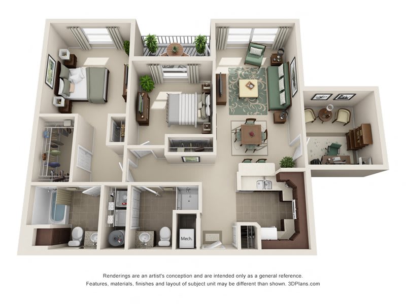 A 3D floor plan of a modern apartment with two bedrooms, a living room, kitchen, and bathrooms.