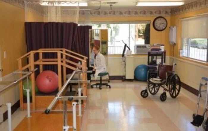 A rehabilitation room equipped with parallel bars, exercise balls, and a walker.