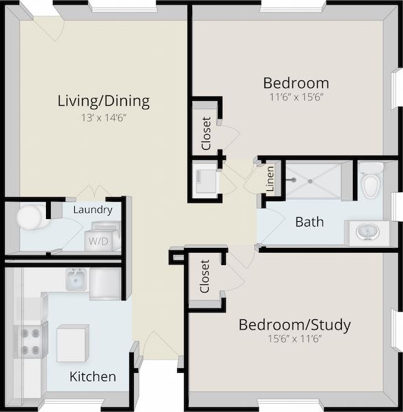 Two-bedroom apartment floor plan with living, dining, kitchen, and laundry areas.
