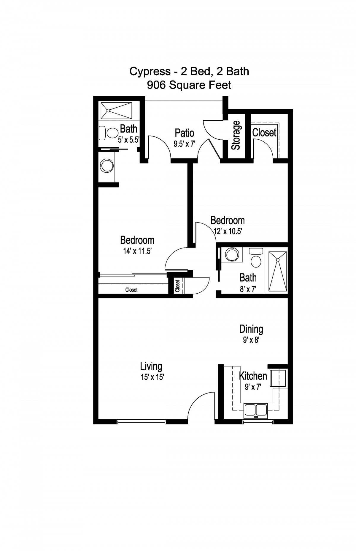 A floor plan of a two-bedroom apartment with living room, kitchen, dining area, two bathrooms, and patio.