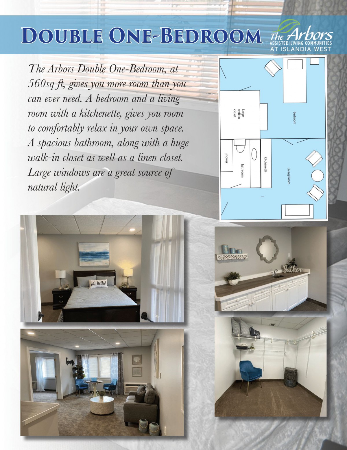 An overview of a stylish one-bedroom apartment featuring a floor plan and interior photos.