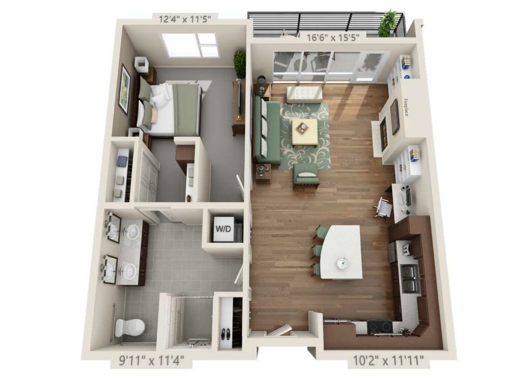 A detailed floor plan of a one-bedroom apartment, showcasing furniture placement in the living room, kitchen, bedroom, and bathroom.