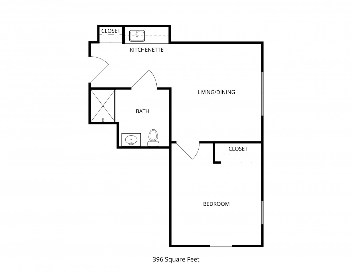 A floor plan of a one-bedroom apartment with a kitchen, bathroom, and living area.