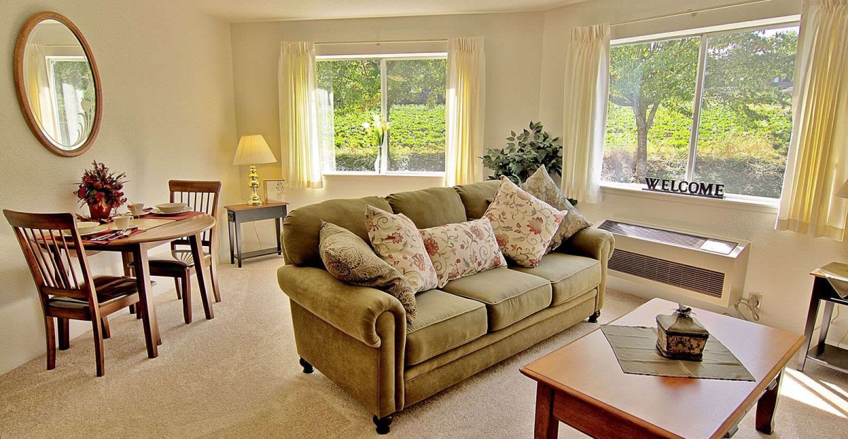 A cozy living room with a comfortable sofa and natural lighting from large windows.