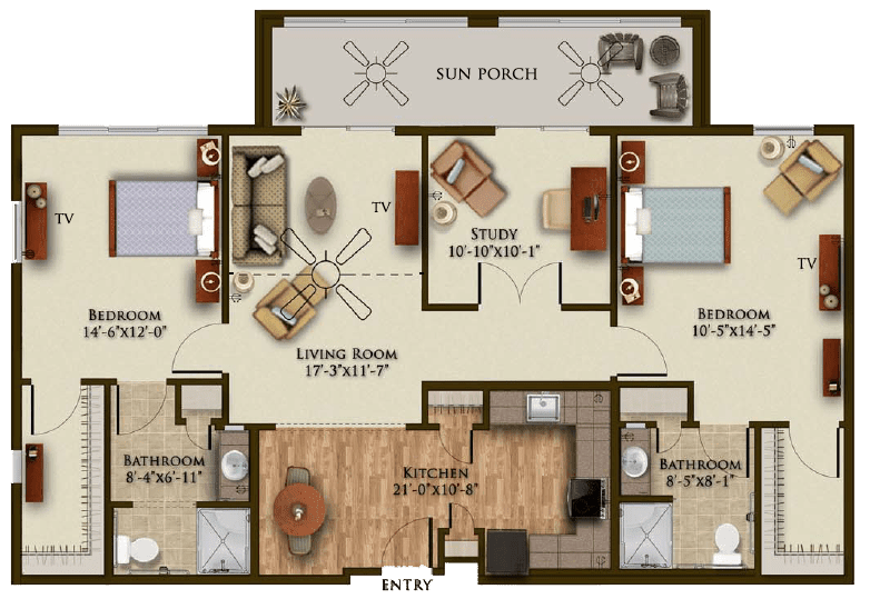 A detailed floor plan of a two-bedroom apartment, featuring a living room, kitchen, sun porch, and bathroom.