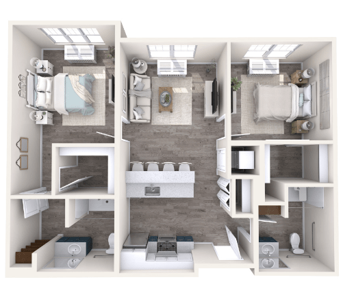 A 3D floor plan of a modern two-bedroom apartment featuring an open concept kitchen and living area.