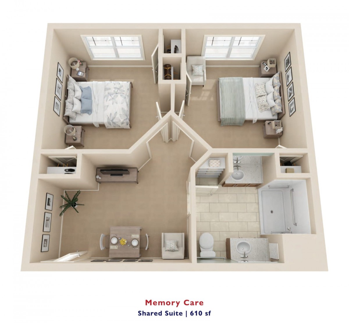 A 519 sq ft memory care shared suite floor plan featuring two bedrooms, a bathroom, and a living area.