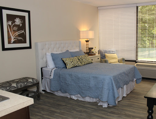 A beautifully designed bedroom featuring a comfortable bed with blue bedding, decorative pillows, and a stylish lamp beside the window.