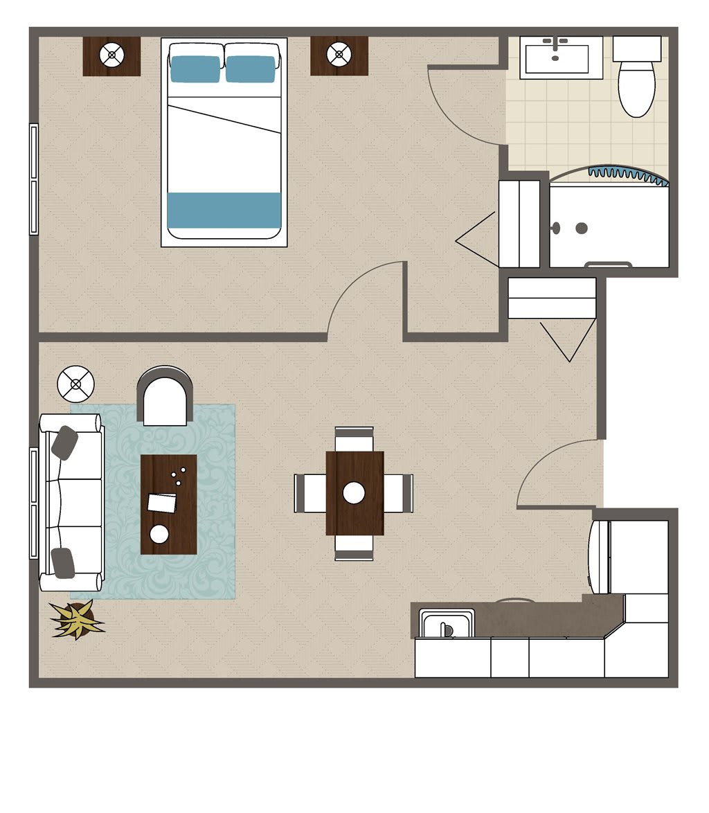A floor plan of a one-bedroom apartment showing the layout and furniture arrangement.