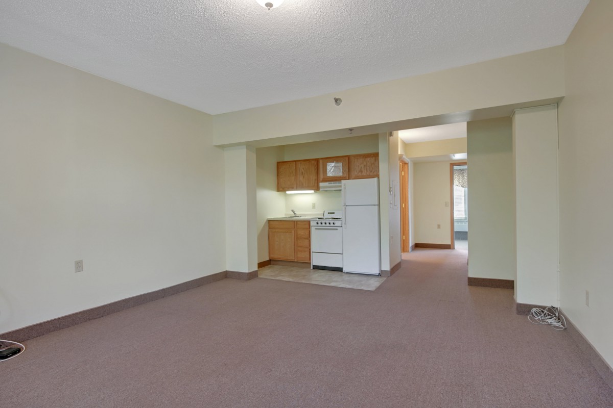 An empty apartment showcasing an open kitchen and living area.