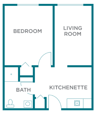 Simple blueprint of a one-bedroom apartment with living room, kitchenette, and bath.