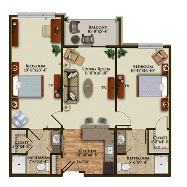 A floor plan showing a two-bedroom apartment with a central living room and kitchen.