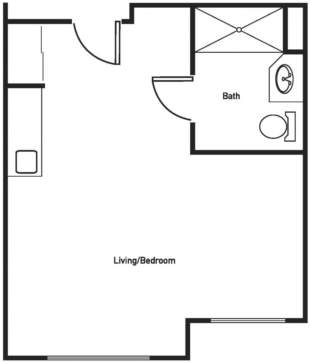A basic studio apartment floor plan with a bathroom and living/bedroom space.