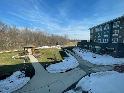 A serene outdoor view featuring a garden space with melting snow and a clear blue sky.