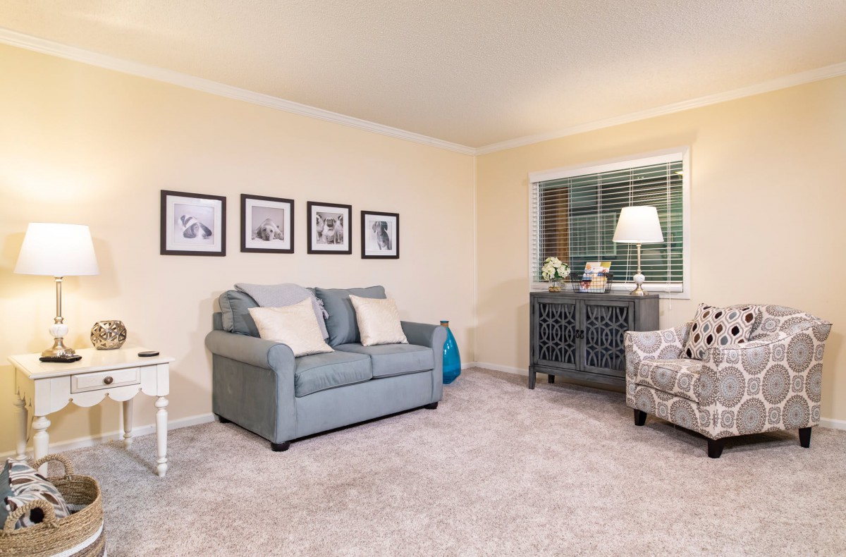 A cozy living room featuring a comfortable sofa, decorative pillows, framed artwork on the wall, and a stylish sideboard lamp.