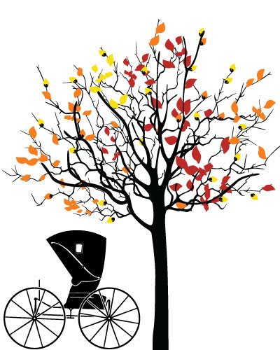 An illustration featuring a tree with colorful autumn leaves and an old-fashioned carriage.