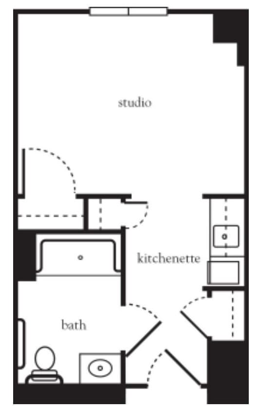 A floor plan of a studio apartment featuring a kitchenette and a bathroom.