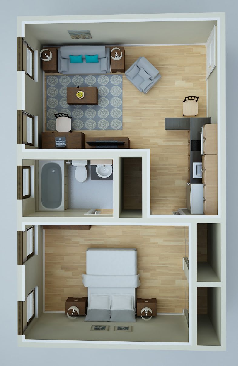 A 3D rendering of an apartment floor plan showing a living room, kitchen, bathroom, and bedroom.