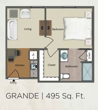 Floor plan of a 495 sq. ft. studio apartment called 'Grande'.
