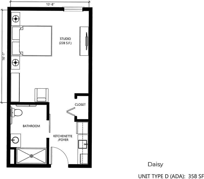 A floor plan of a studio apartment with designated areas for the kitchen, living space, bathroom, and closet.