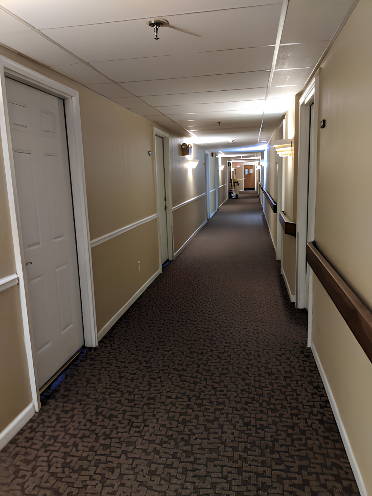 A long indoor hallway with doors on either side and carpeted flooring.