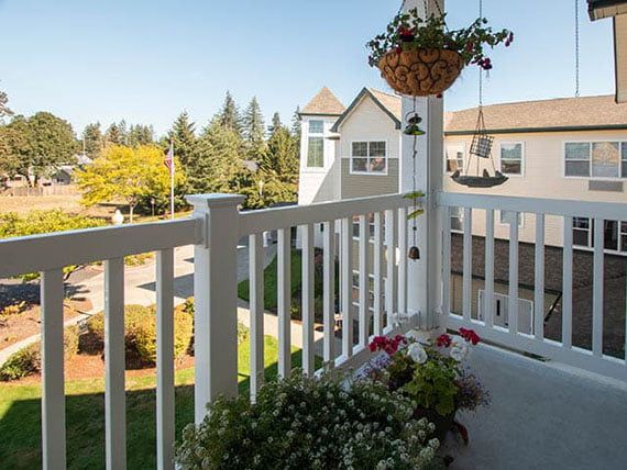 A pleasant view from a suburban balcony featuring flowers and greenery in the daytime.