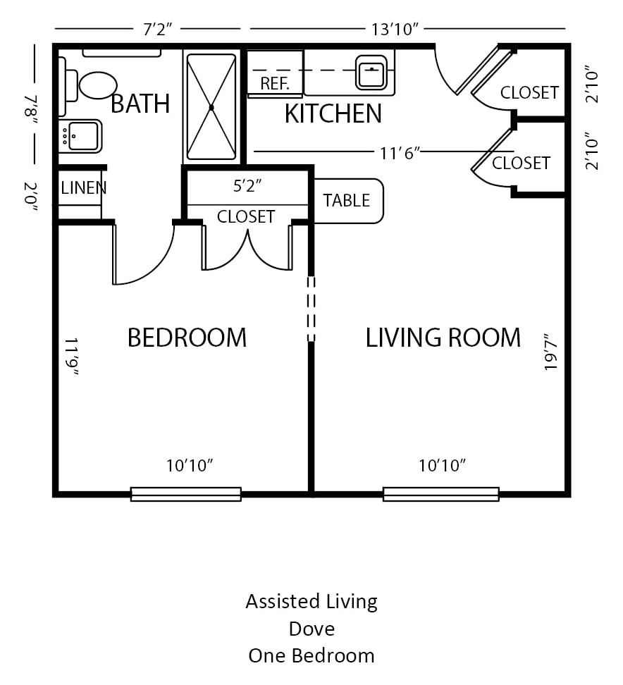 Floor plan of a one-bedroom assisted living apartment featuring a living room, kitchen, bathroom, and multiple closets.
