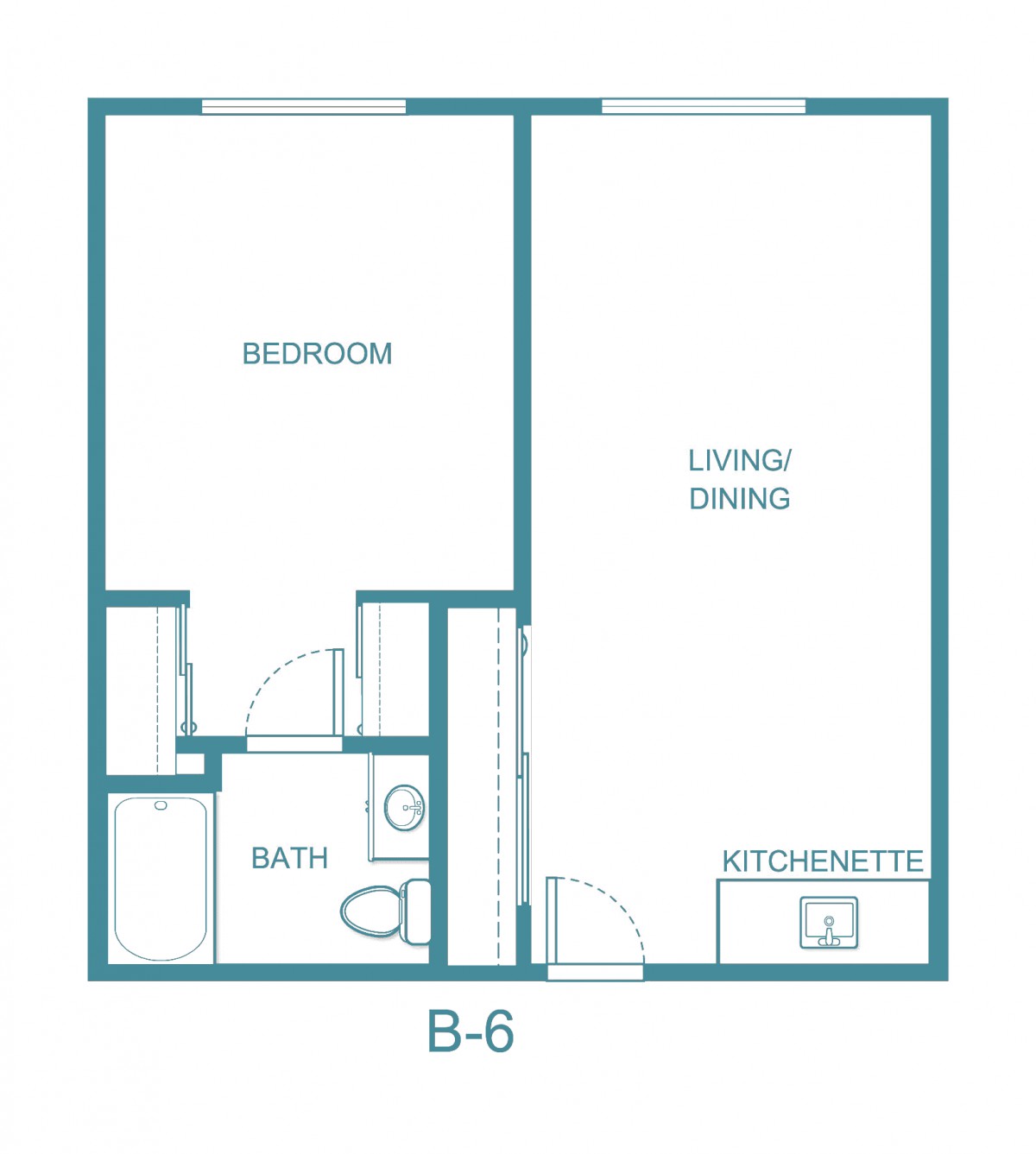 A simple floor plan featuring one bedroom, a combined living and dining area, a bathroom, and a kitchenette.