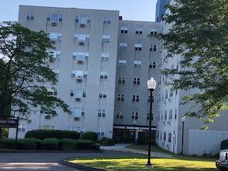 A view of a residential building with numerous windows and surrounding trees in daylight.