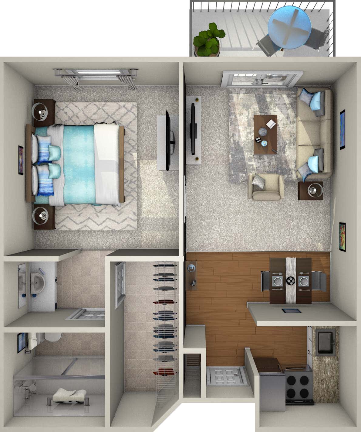 A 2D floor plan of an apartment featuring a living room, bedroom, bathroom, and kitchen.
