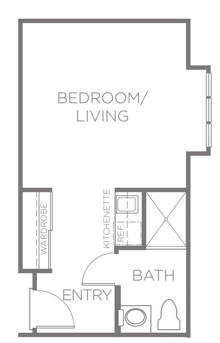 Studio apartment floor plan featuring a combined bedroom and living area, kitchenette, bathroom, and closet space.