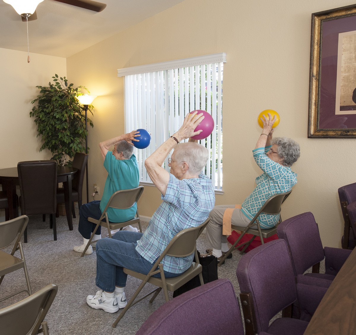 A group of seniors participating in a seated exercise class, using colorful balls.