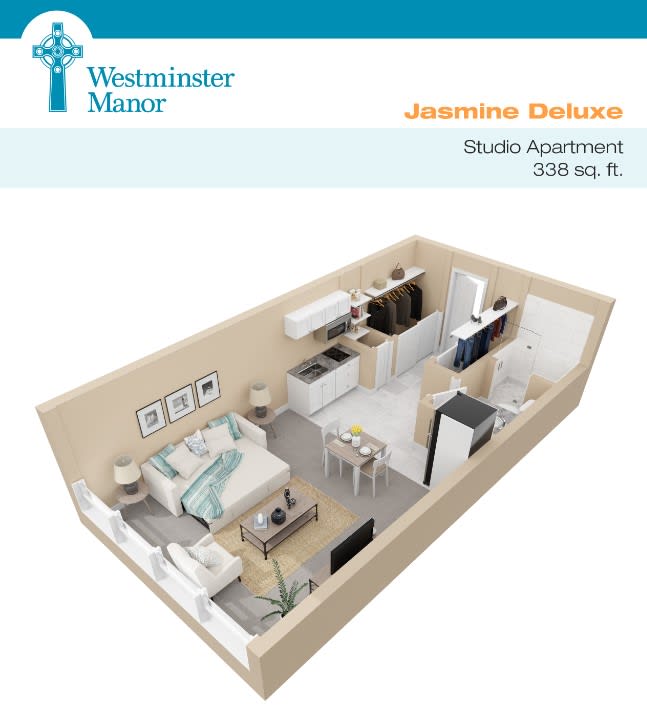 3D floor plan of a 330 sq. ft. studio apartment at Westminster Manor, showcasing the interior design and layout.