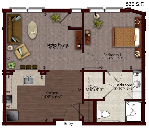 A detailed floor plan of a one-bedroom apartment featuring a living room, kitchen, bathroom, and closet.