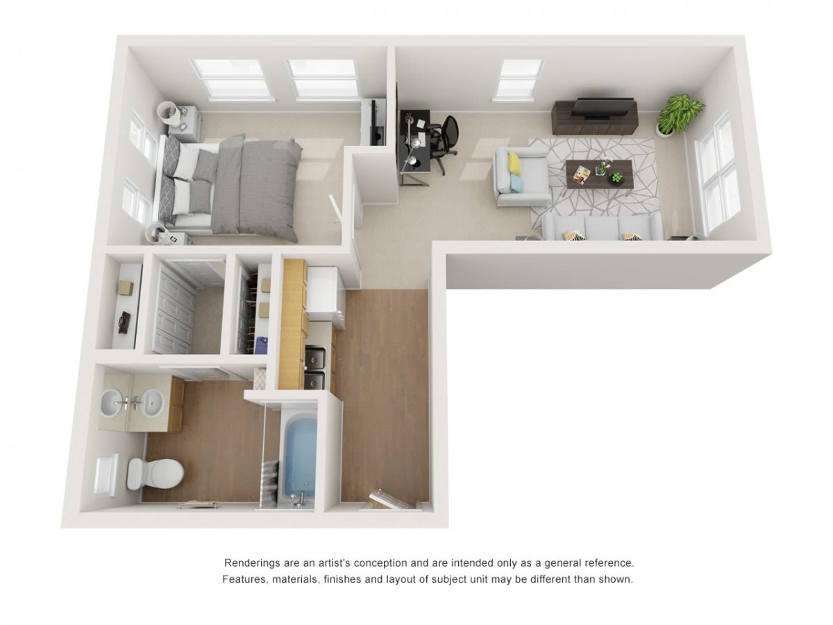A 3D floor plan of a one-bedroom apartment, featuring a living room, kitchen, bathroom, and bedroom.