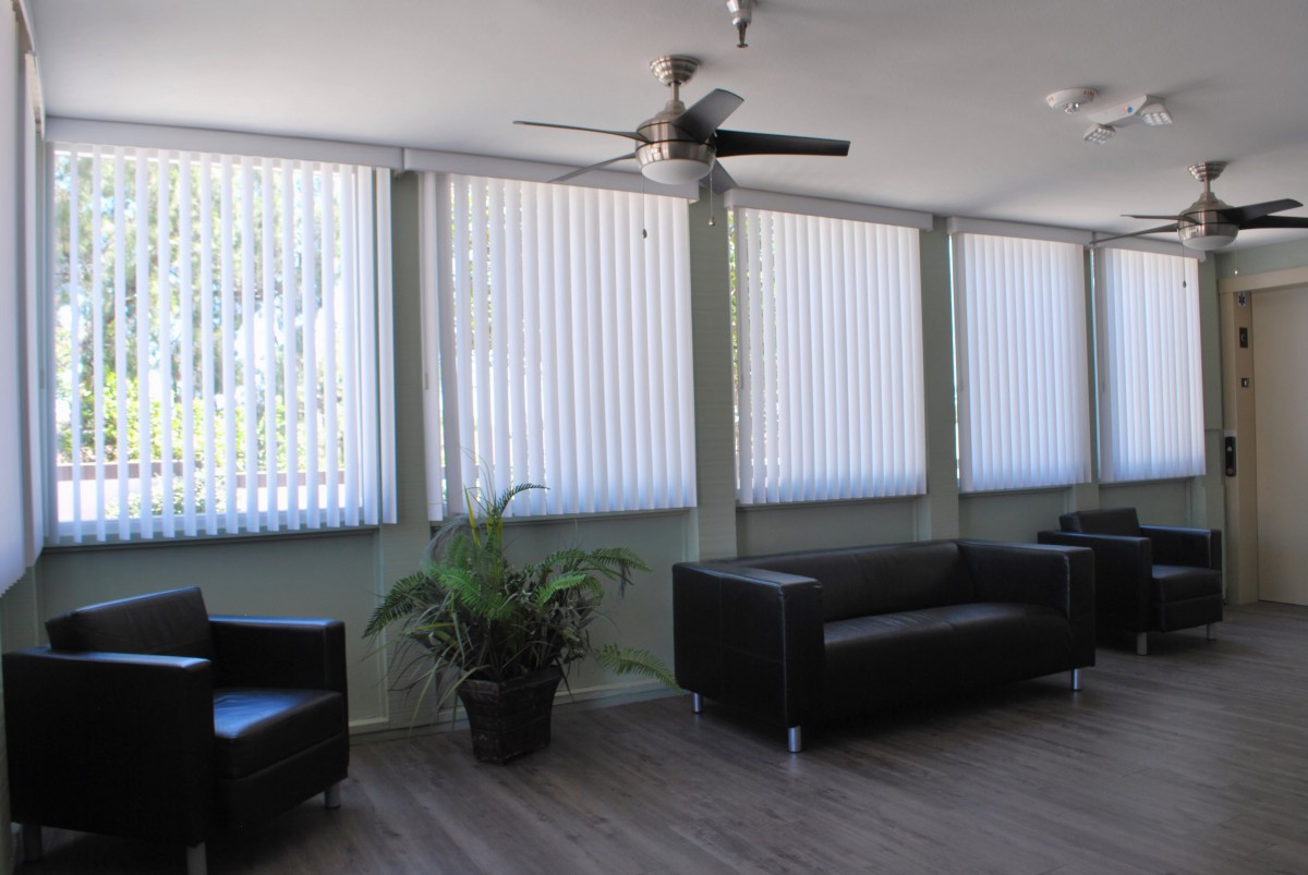 Modern living room with black sofas and large windows with blinds.