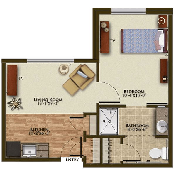 A one-bedroom apartment floor plan featuring a living room, kitchen, bathroom, and bedroom.