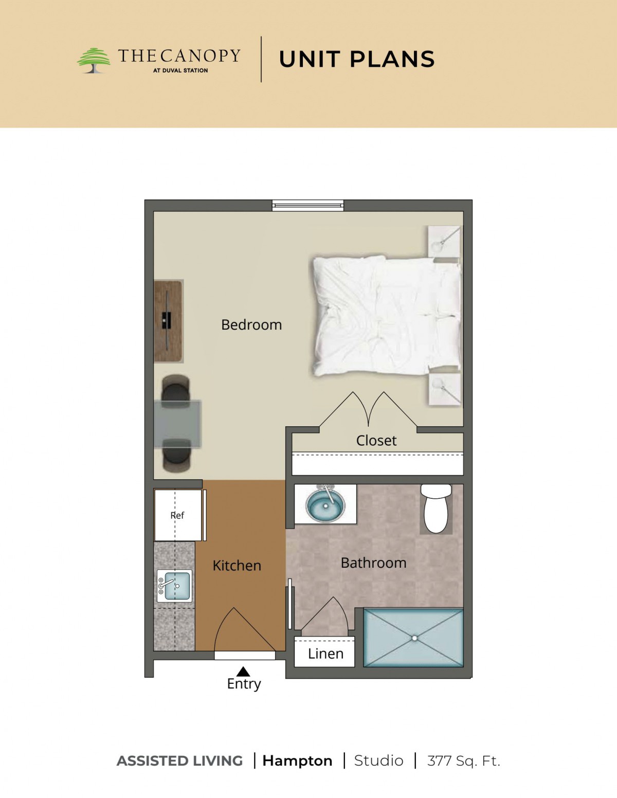 A floor plan of a one-bedroom apartment with designated areas for the bedroom, bathroom, and kitchen.