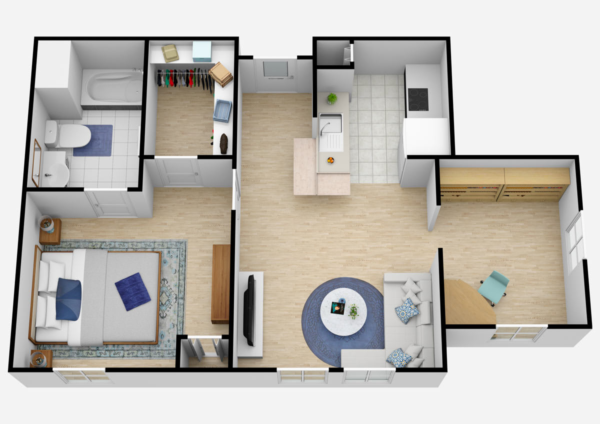 A 3D floor plan of a two-bedroom apartment featuring a living room, kitchen, and bathroom.