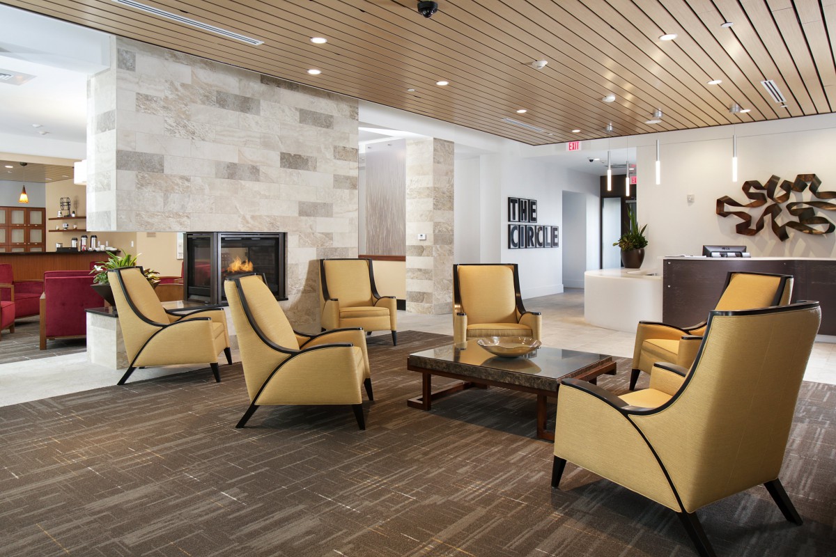 A modern lobby with comfortable seating and stylish interior design.
