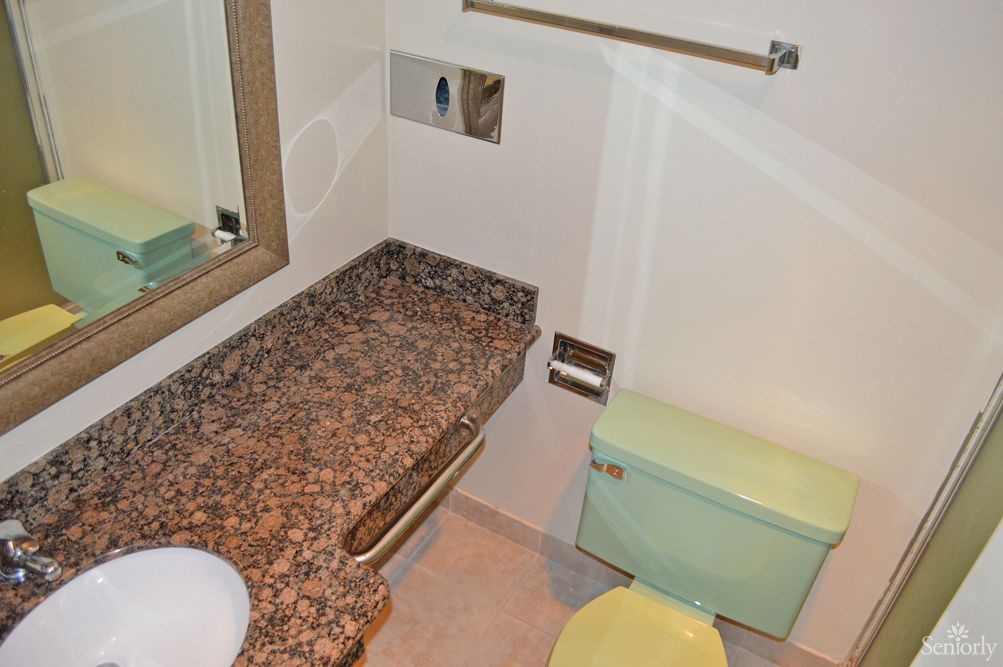 A bathroom featuring a granite countertop, a sink, a toilet with a green tank, and a towel rack.