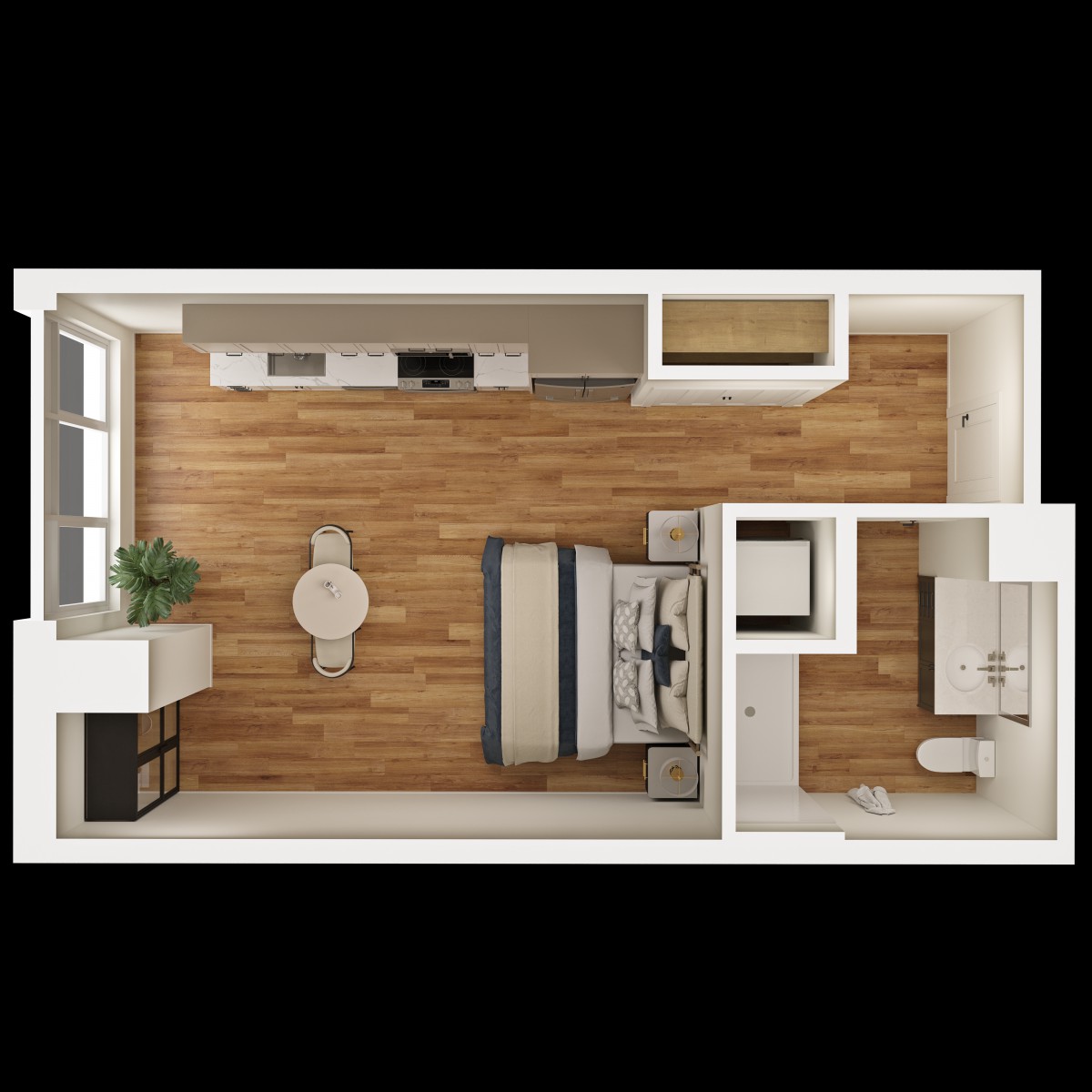 Top view of a studio apartment floor plan with wood flooring, featuring a bedroom, kitchen, and living area.