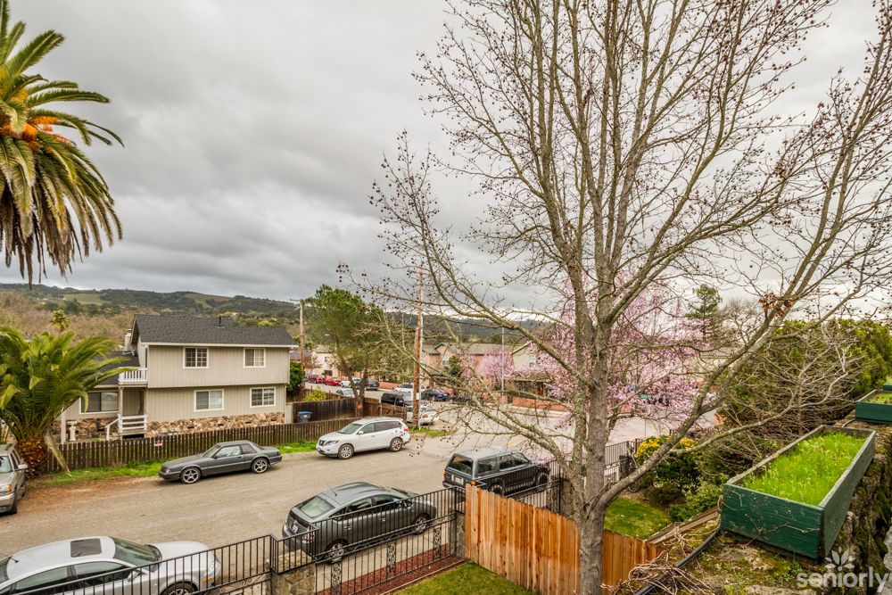 A residential street with parked cars and overcast skies.
