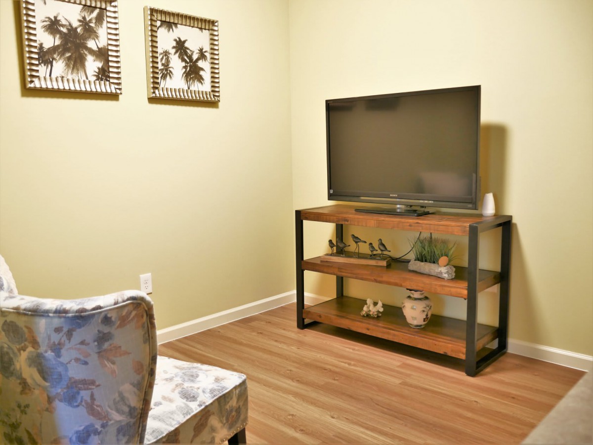 A cozy living room corner featuring a television on a stylish stand with decorative elements.
