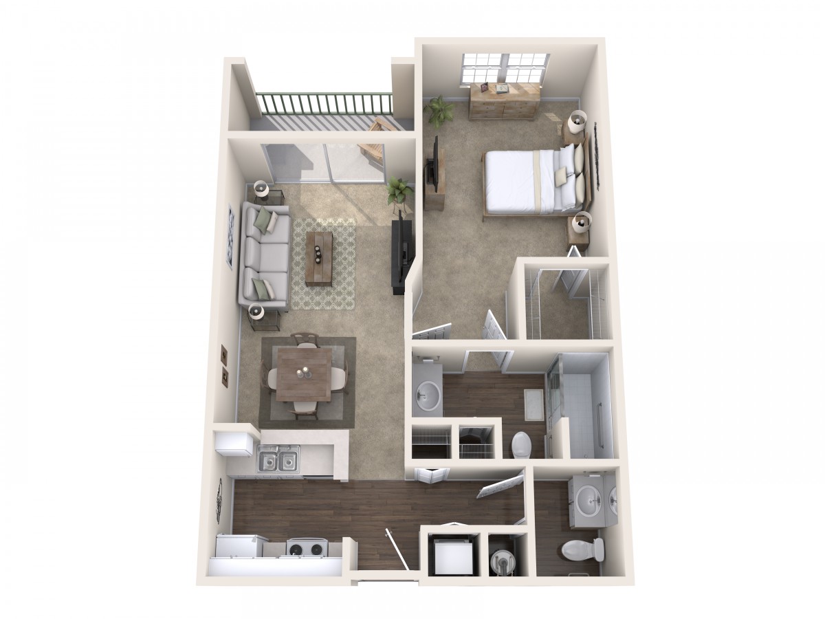 A 3D floor plan of a one-bedroom apartment featuring a living room, kitchen, bathroom, and a balcony.