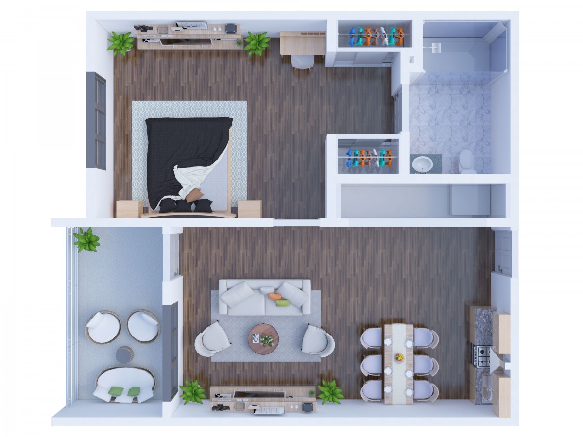 A floor plan showcasing a modern apartment layout with designated living, dining, and bedroom areas.