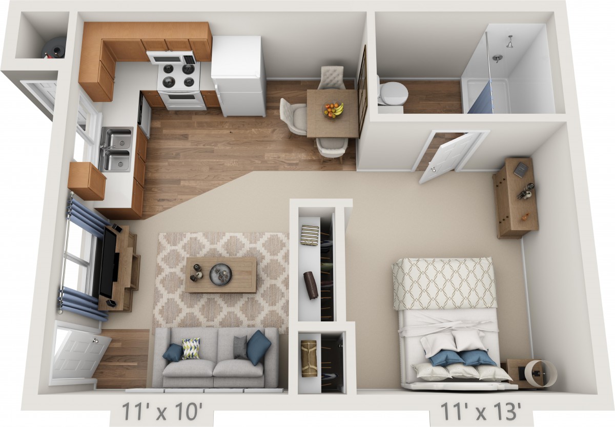 A 1-bedroom apartment floor plan featuring a kitchen, living room, bedroom, and bathroom.