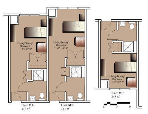 An architectural floor plan showing different apartment layouts with dimensions.