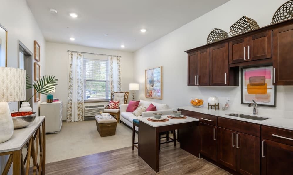 A modern apartment living area with a kitchenette and cozy decor.